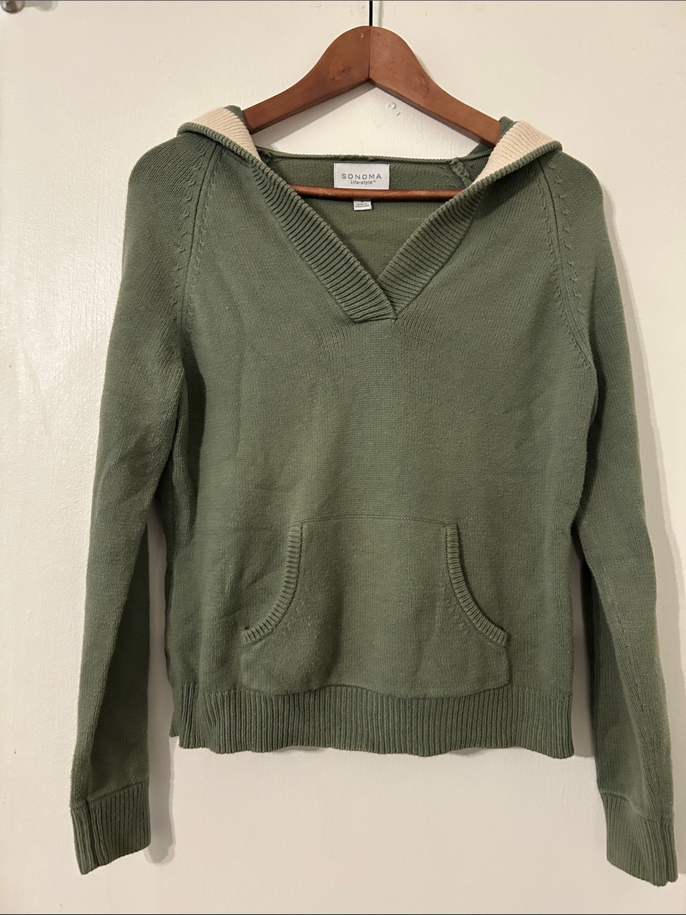 Sonoma Sage Green Hooded V-Neck Sweater with Cream Trim